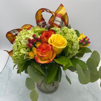 Fall Clustered Rose and Hydrangea Vase